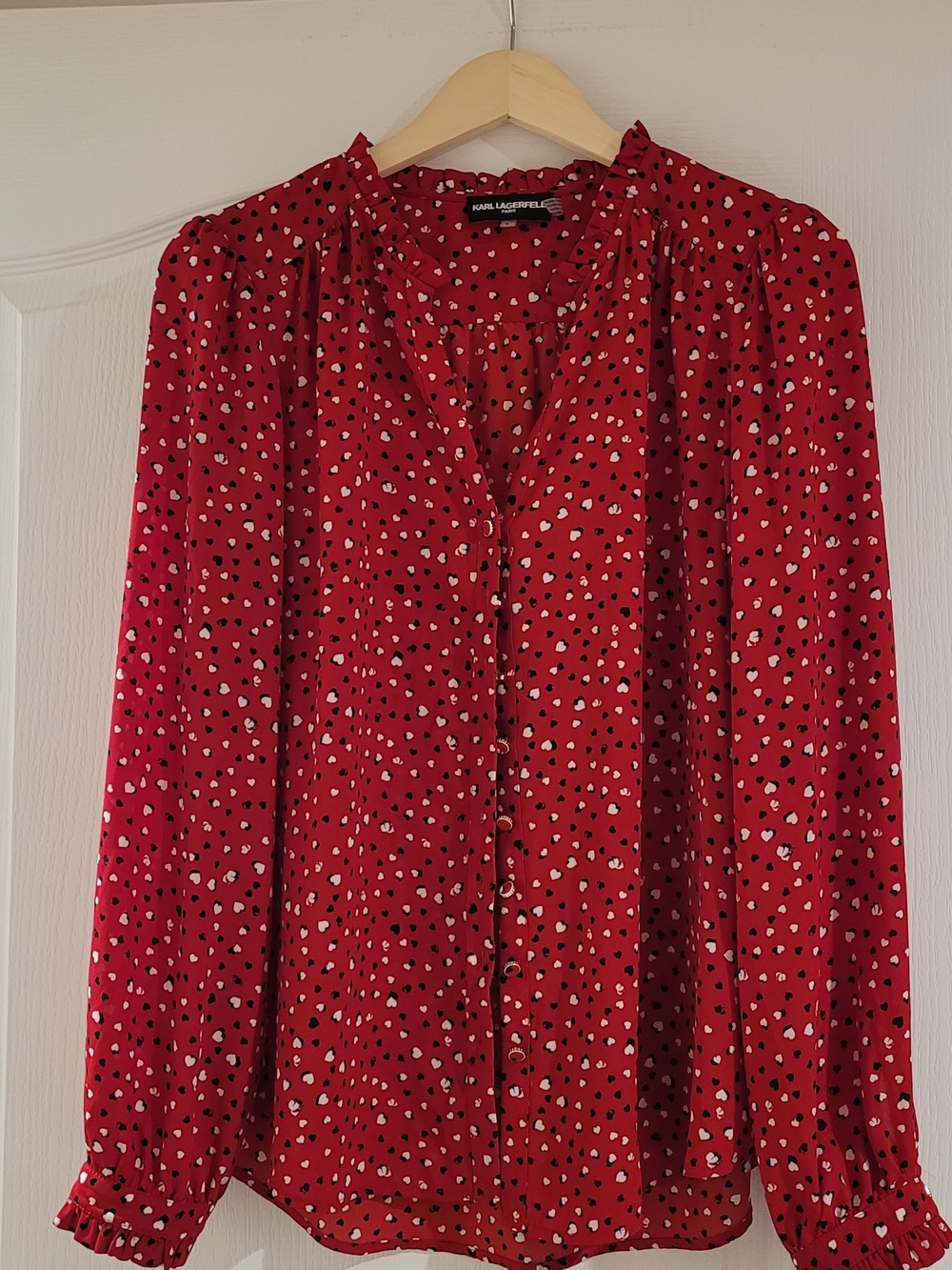 Karl Lagerfeld Red Heart-Print Long Sleeve L Blouse,  perfect Condition